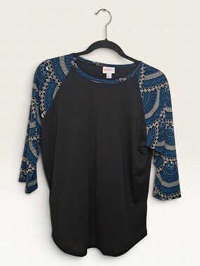 LuLaRoe Randy Black Blue Mosaic Printed 3/4 Sleeve Raglan Tee Size Large L